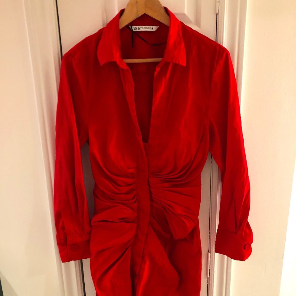 NWOT Zara Ruched, Asymmetrical red dress